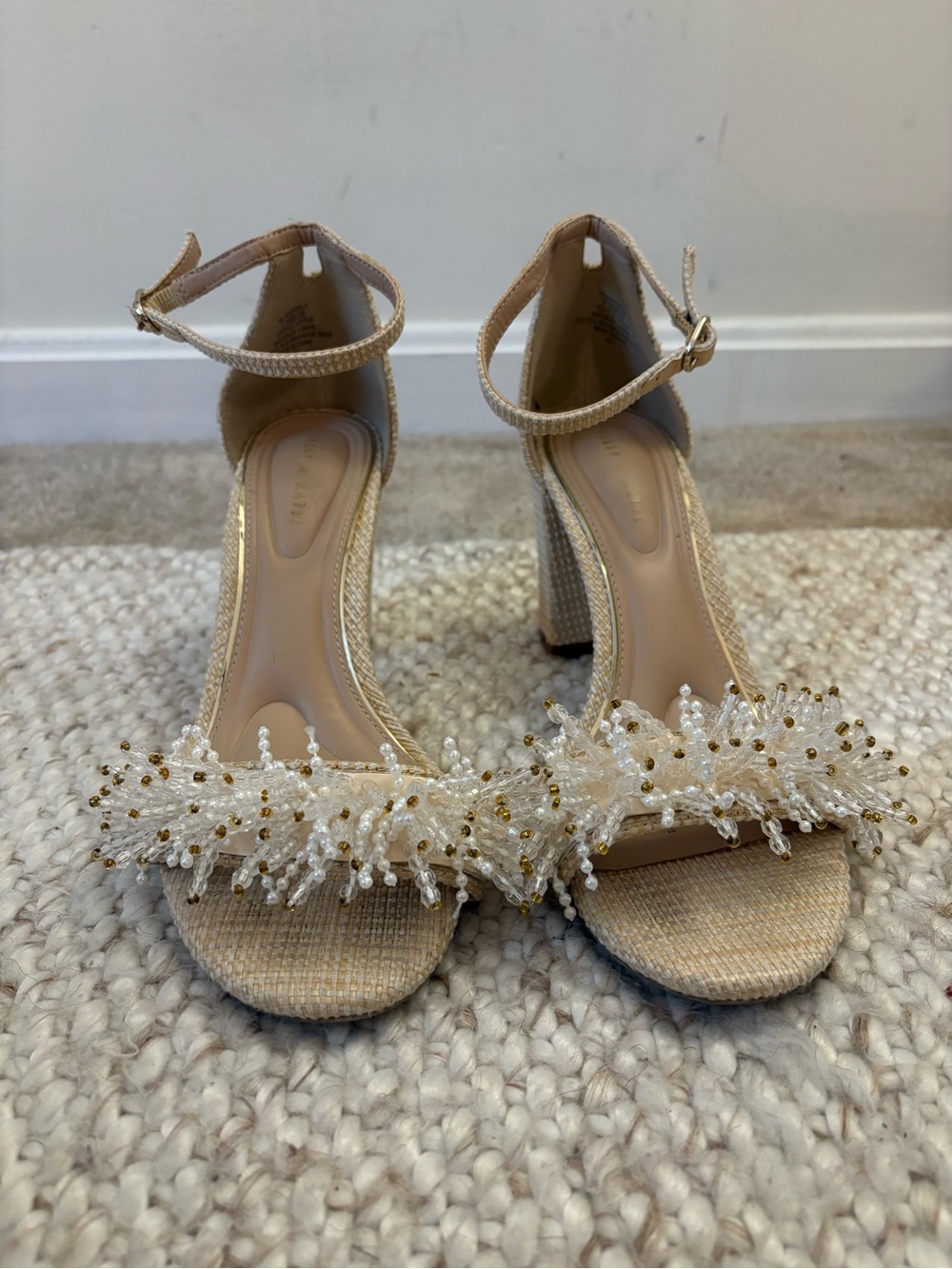 Kelly & Katie Beige Beaded Ankle-Strap Heeled Sandals